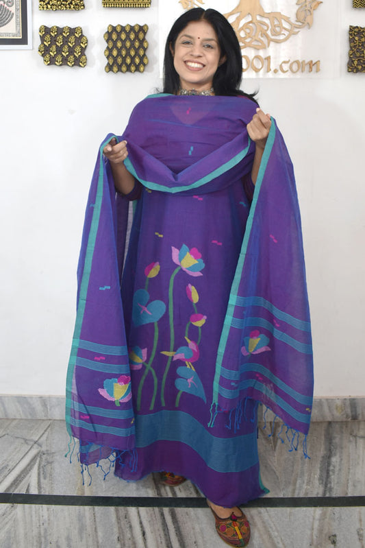 Kalakriti : Beautiful Hand Woven Soft Cotton Needle Jamdani Kurta Fabric & Dupatta set