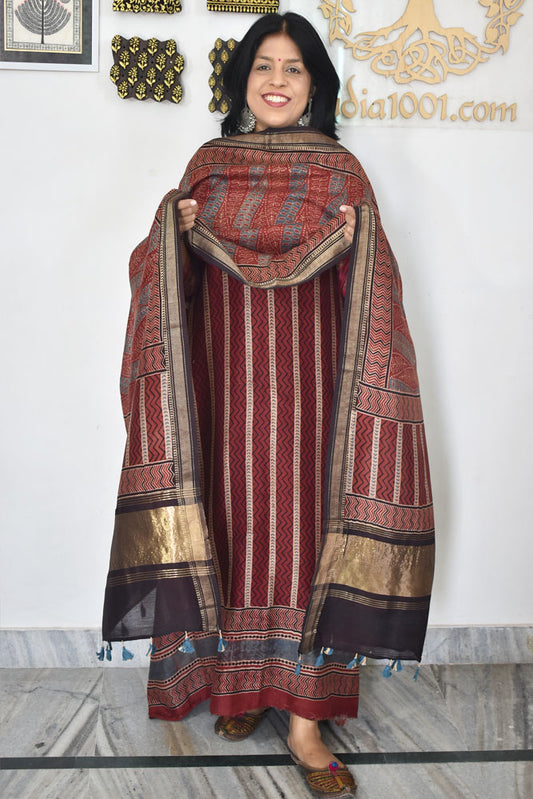 Beautiful Hand Block printed Kutch Ajrakh Chanderi Kurta and Lagdi patta dupatta set
