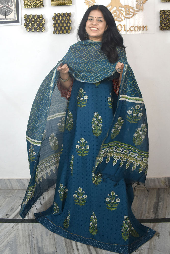 Elegant Hand Block print cotton suit with Schiffli work & Chanderi dupatta