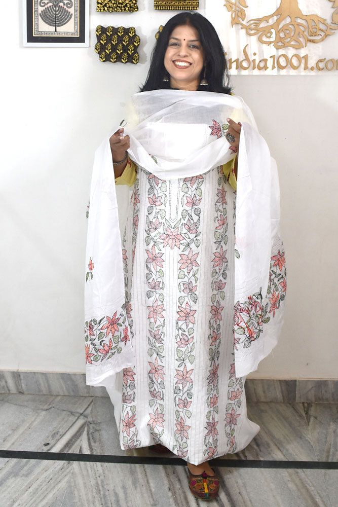 Elegant Kantha Work Cotton unstitched suit fabric with embroidery