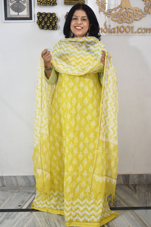 Elegant Kota cotton suit with tepchi work & Hand block printed dupatta