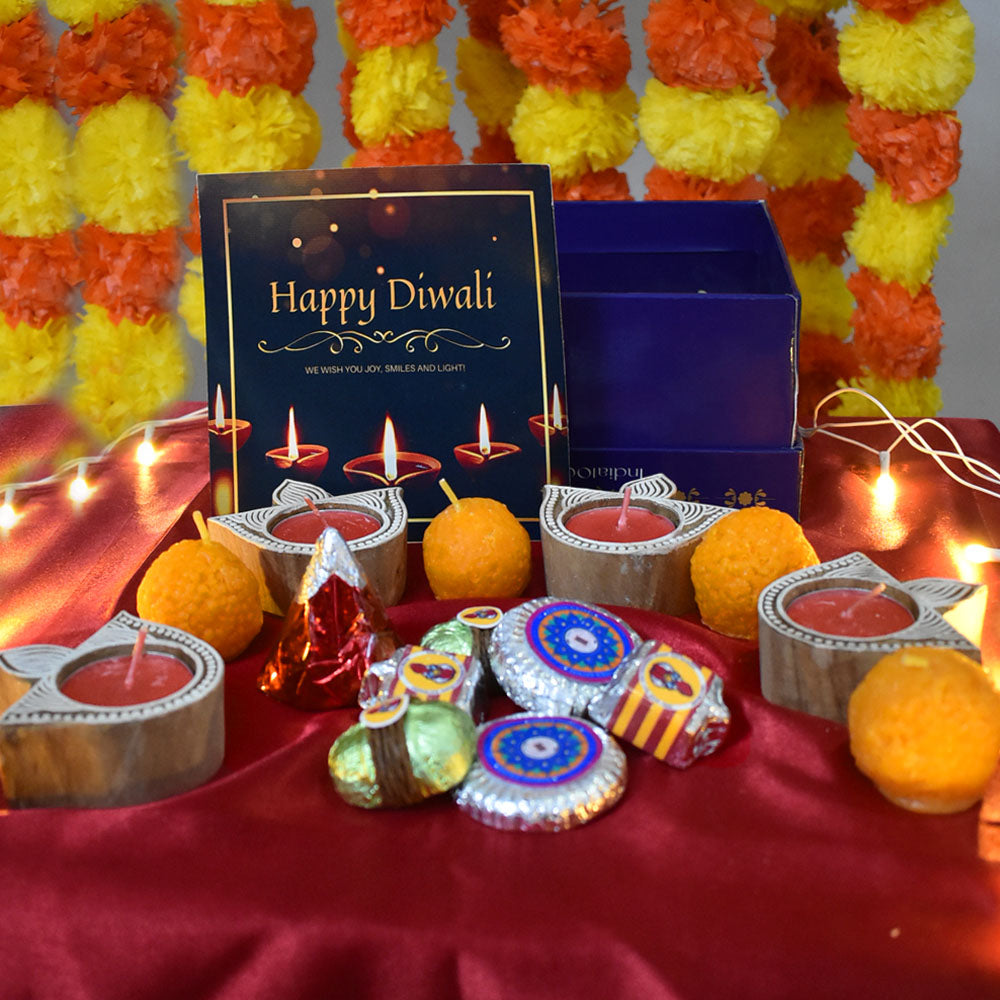 Gift Hamper - Carved Diyas, Cracker Choclates and Laddo Candles Hamper