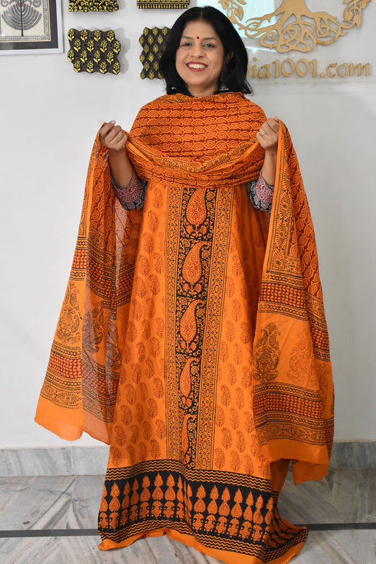 Bagh Hand Block Printed unstitched 3 pc Cotton suit fabric with Placement block print from MP