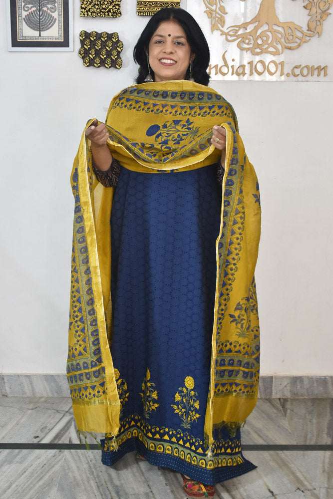 Elegant Hand Block print cotton suit with Schiffli work & Chanderi dupatta