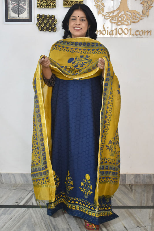 Elegant Hand Block print cotton suit with Schiffli work & Chanderi dupatta