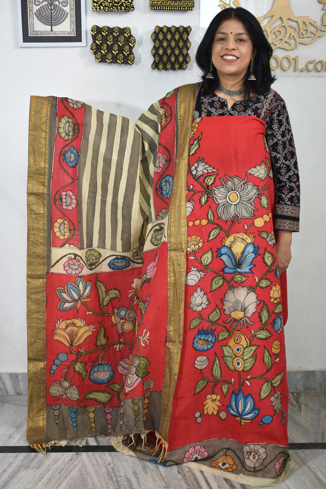 Beautiful Bangalore Cotton Silk Hand Painted Kalamkari Kurta & Dupatta Set
