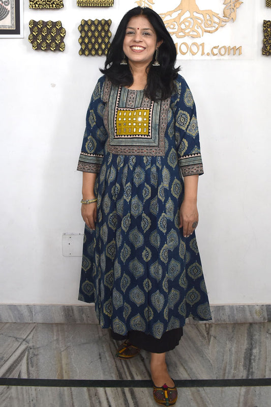 Designer Hand Block Printed Ajrakh cotton Kurta With Mirror Work - Size 38 to 46 ( all sizes)