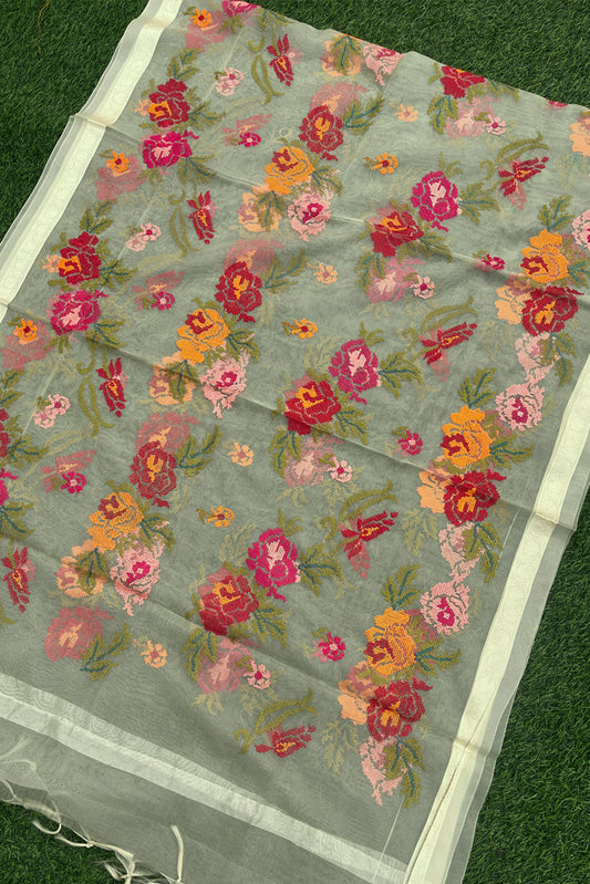 Elegant Cream with Lime tint Organza dupatta with All over Cross Stitch Embroidery