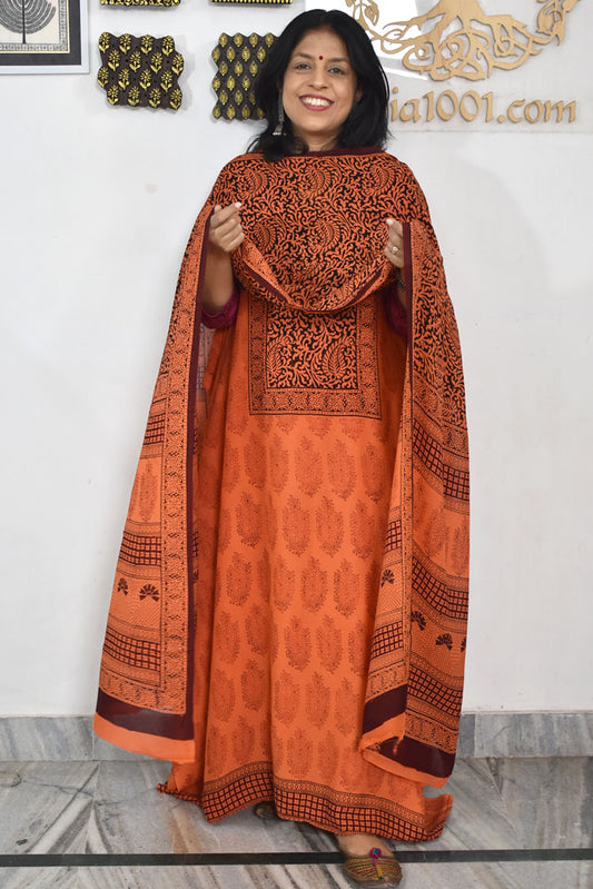 Bagh Hand Block Print Georgette Dupatta & Georgette Kurta Fabric With Cotton Bottom