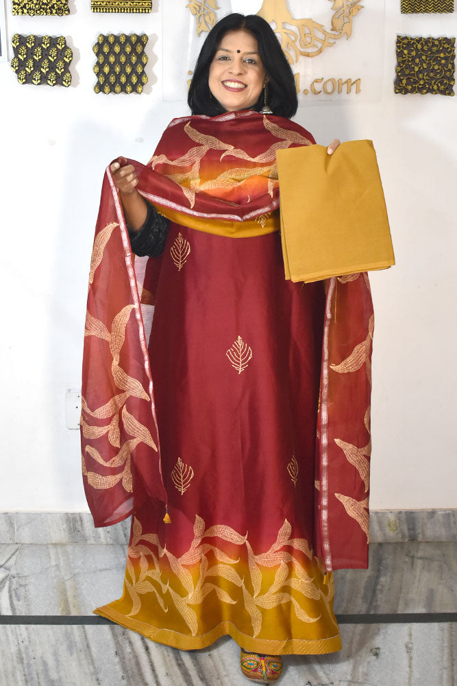 Beautiful Hand Block Printed Maheshwari Silk Cotton Unstitched suit fabric