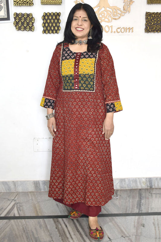 Designer Hand Block Printed Ajrakh cotton Kurta / Dress - Size 36 to 46 ( all sizes)
