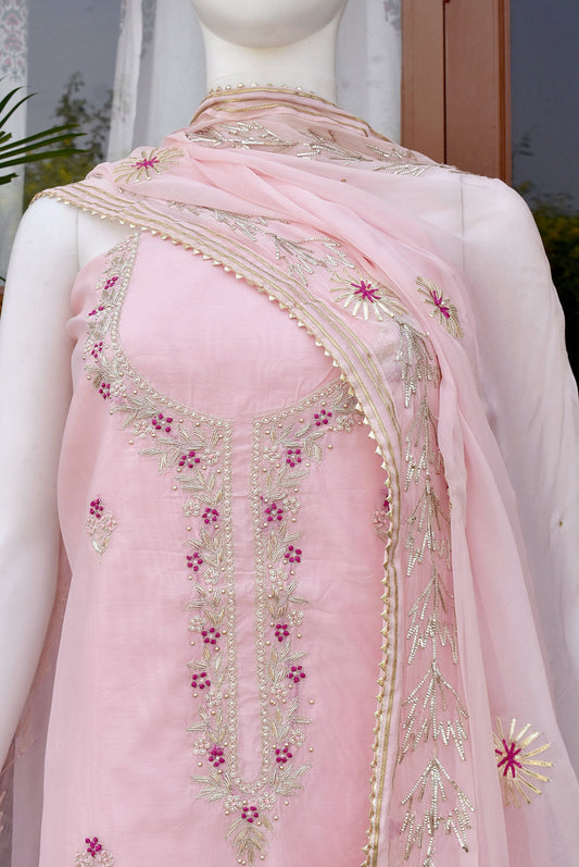 Beautiful Chanderi unstitched suit fabric with Chiffon Dupatta with Gota Work & Matching Potli bag