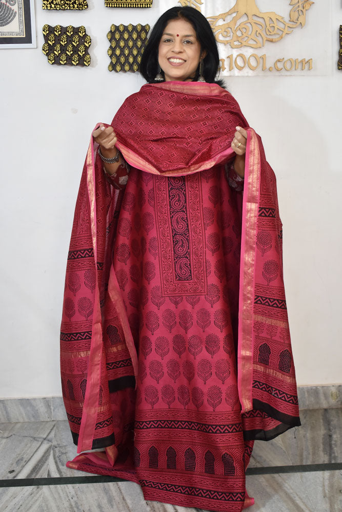 Bagh Hand Block Printed unstitched 3 pcs Handwoven Maheshwari suit fabric with Zari borders
