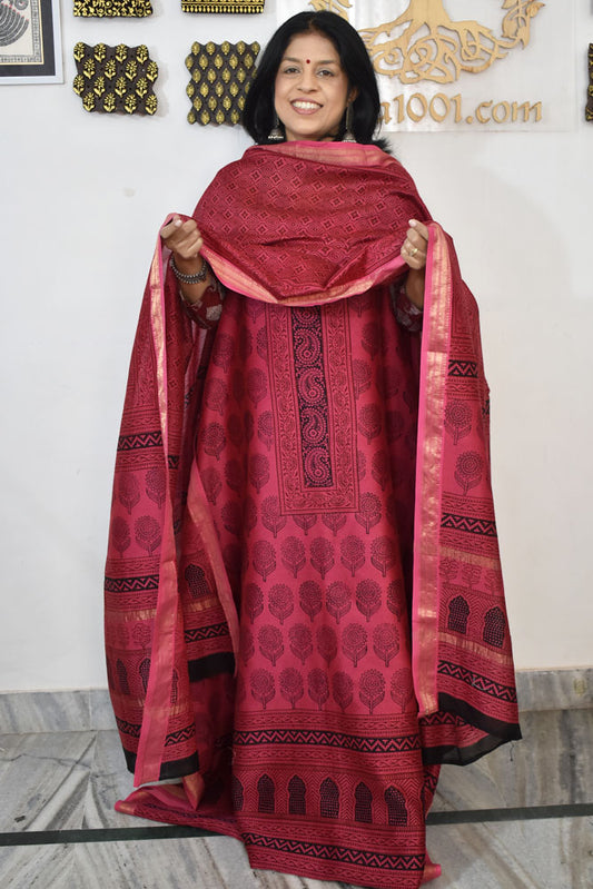 Bagh Hand Block Printed unstitched 3 pcs Handwoven Maheshwari suit fabric with Zari borders