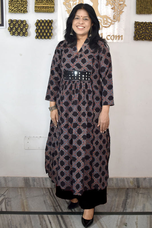 Designer Hand Block Printed Ajrakh cotton Kurta With Mirror Work - Size 38 to 48 ( all sizes)