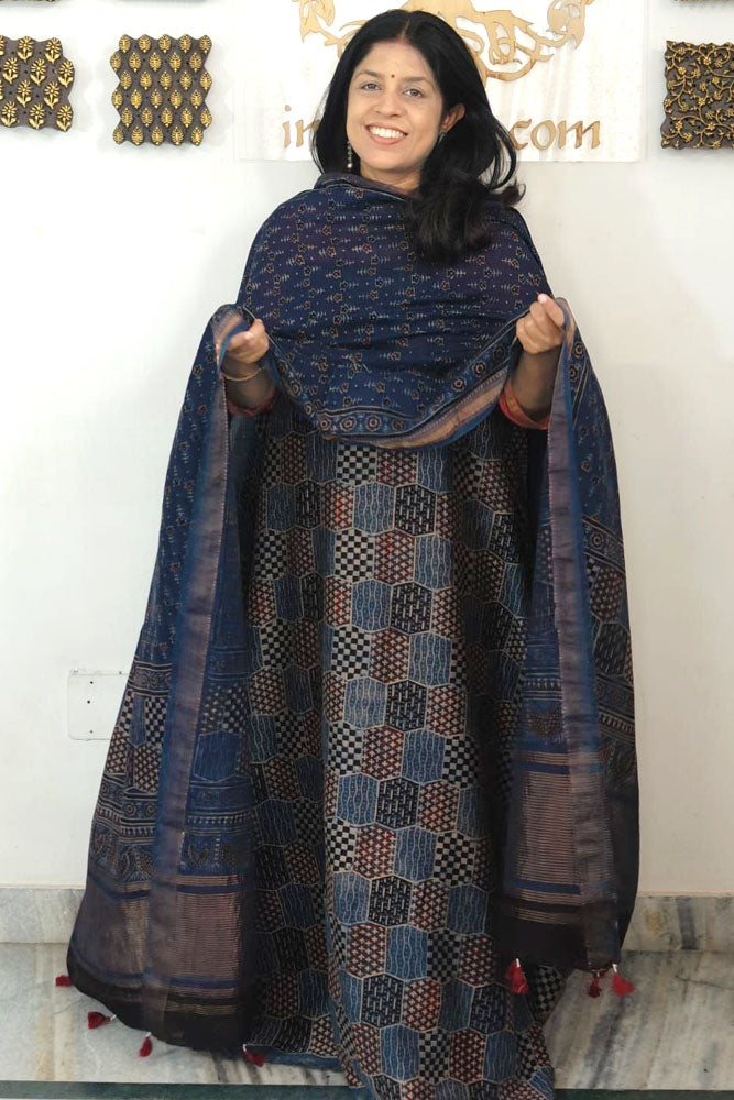 Beautiful Hand Block Printed Ajrakh Maheshwari Silk Cotton Unstitched suit fabric - 2 pc set