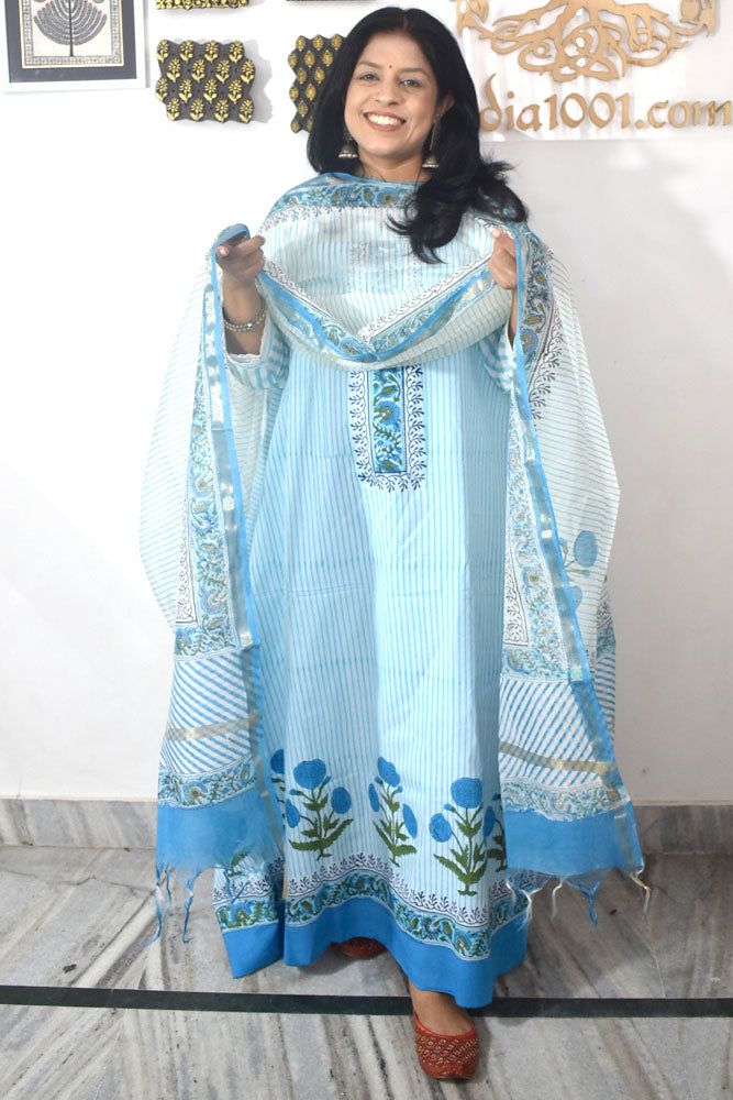 Designer Hand Block Print Cotton suit with Chanderi dupatta