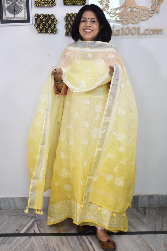 Beautiful Pure Linen suit with intricate embroidery on the kurta & dupatta and cotton silk bottom