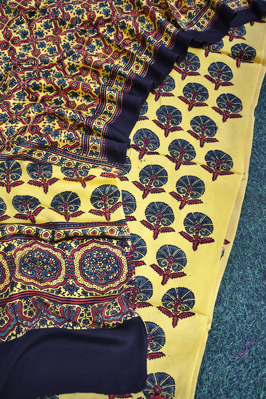 Designer Hand Block Printed Ajrakh Modal Silk Kurta and Dupatta Set