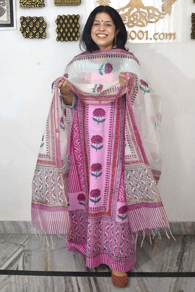 Designer Hand Block Print Cotton suit with Chanderi dupatta