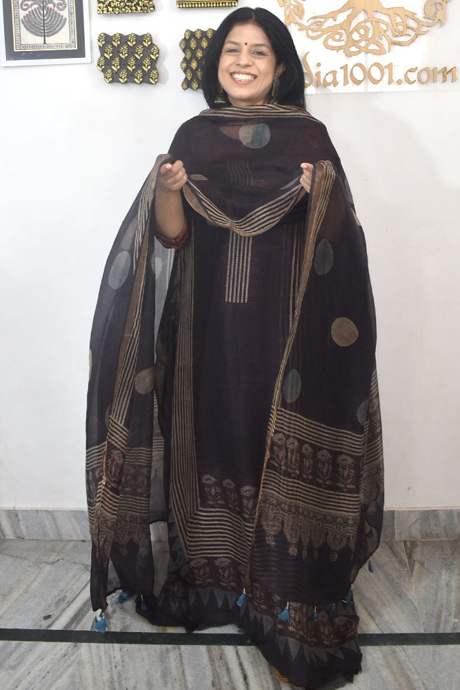 Designer Ajrakh Kota Silk Unstitched suit with Kota Silk Dupatta  - 2 piece set
