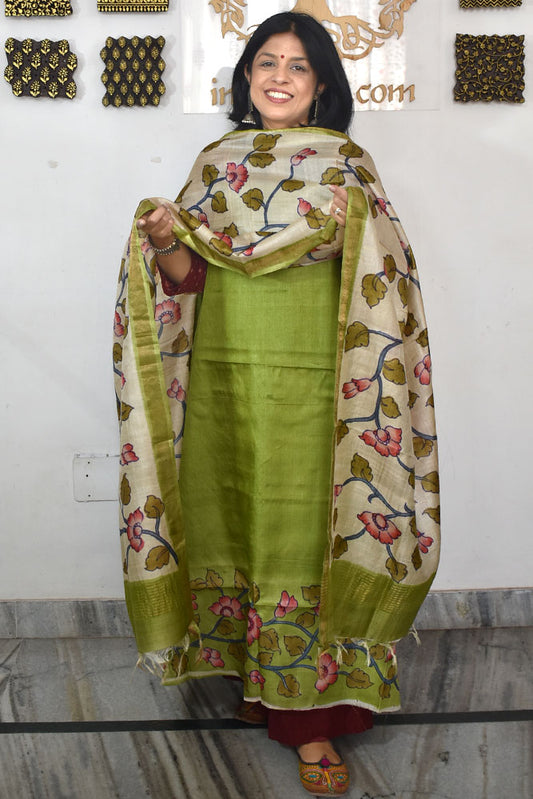 Beautiful Hand Block printed Tussar Silk Kurta Dupatta Set