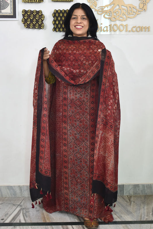 Ajrakh Hand Block Print Georgette Dupatta & Georgette Kurta Fabric