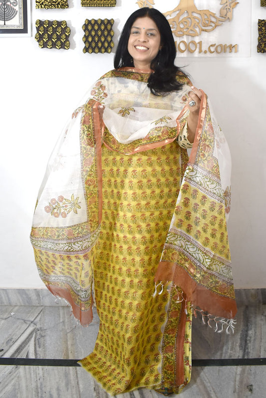 Elegant Hand Block Printed Kota Silk Unstitched Suit