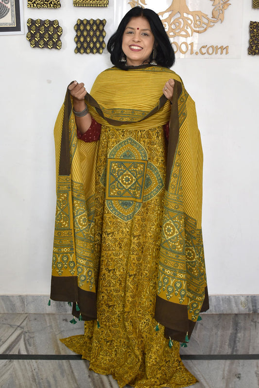 Designer Ajrakh Cotton Unstitched suit with  panel design, Ajrakh Dupatta & Bottom- 3 piece set