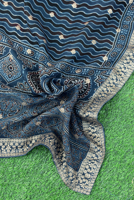 Elegant Ajrakh Hand Block Print Organza Dupatta/ Stole with Woven bootis and borders