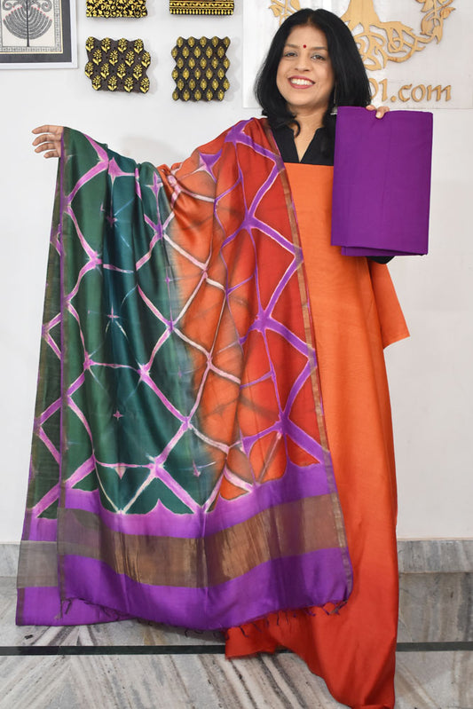 Designer chanderi suit with Clamp Dye dupatta
