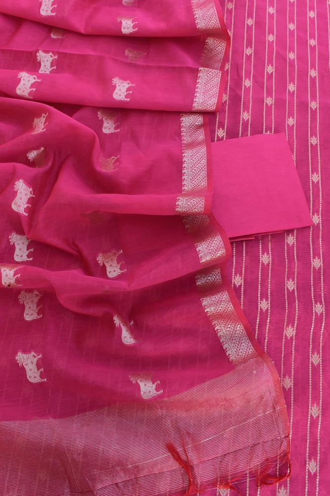 Beautiful  Banarasi Chanderi cotton silk unstitched suit fabric with Woven Pichwai inspired Cow Motif Dupatta