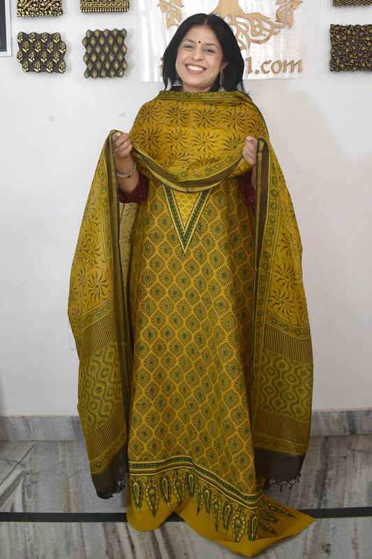 Designer Ajrakh Cotton Unstitched suit with Kota Silk Dupatta & Cotton Bottom - 3 piece set