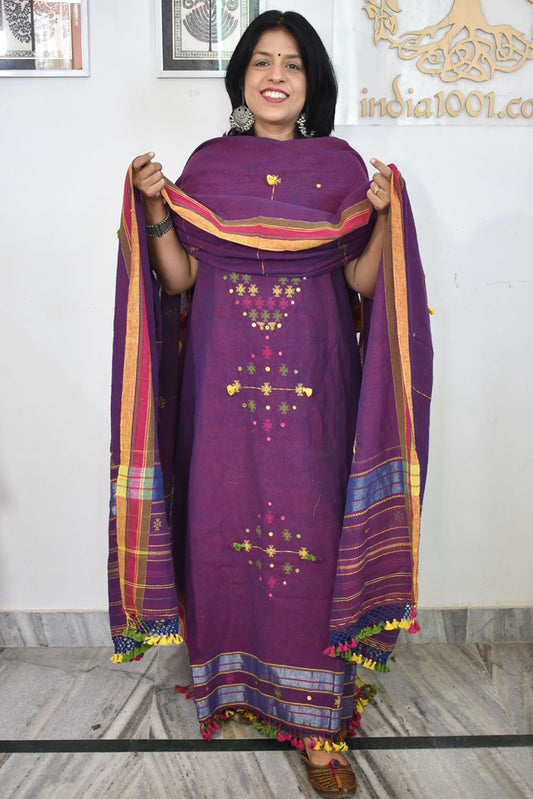 Premium Handwoven Kala Cotton Bhujodi suits with Mirror and Miri work - 3 pc set