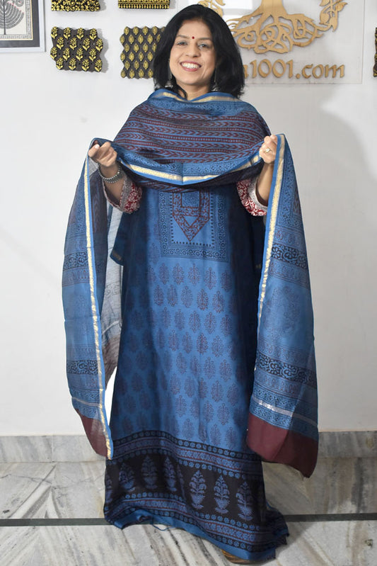 Bagh Hand Block Printed unstitched 3 pcs Handwoven Chanderi suit fabric with Zari borders
