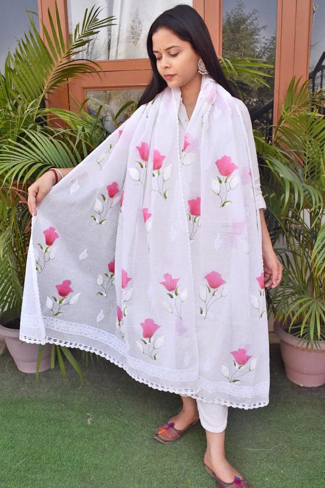 Kota Cotton Dupatta with Hand Paint, Hand Chikankari embroidery & crochet borders on all sides