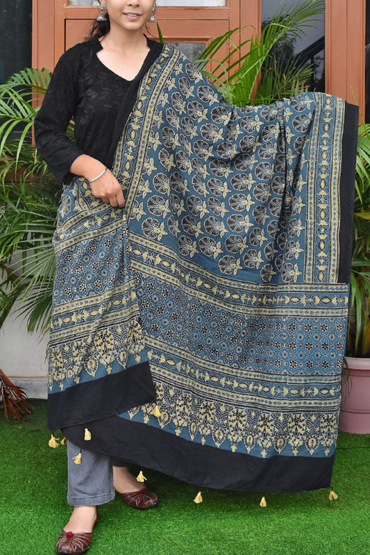 Ajrakh Hand Block Printed Cotton Dupatta with Tassels with natural dyes