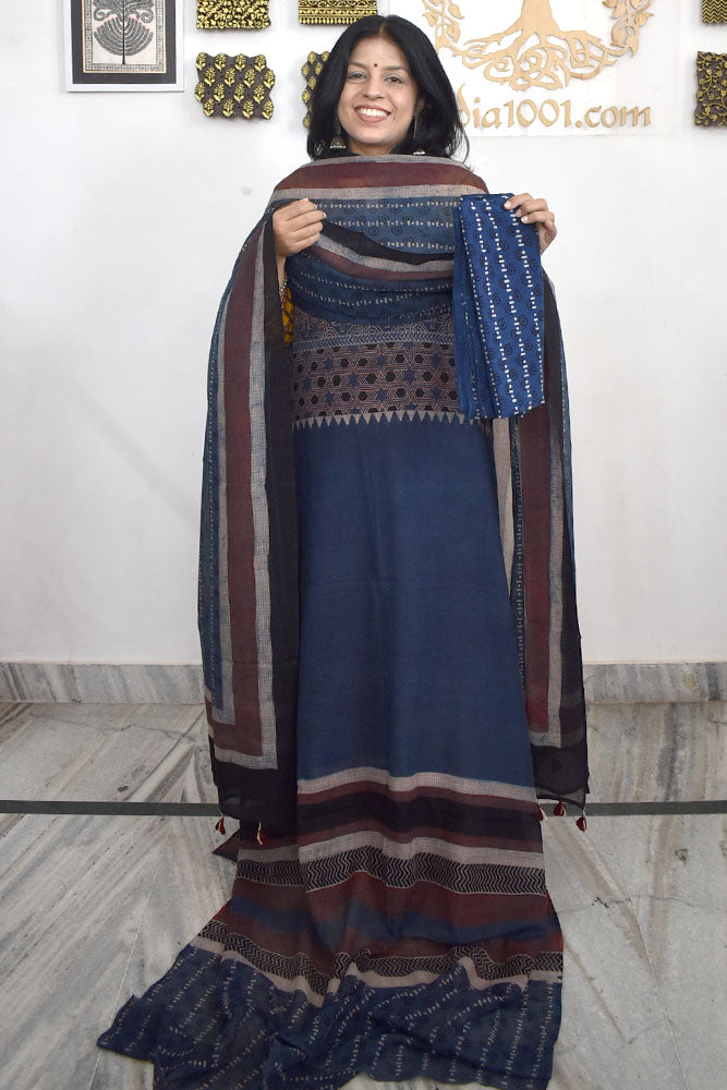 Designer Ajrakh Kota Unstitched suit with Kota Dupatta & Cotton Bottom - 3 piece set