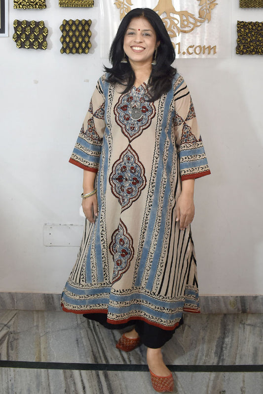 Designer Hand Block Printed Ajrakh cotton Kurta / Dress - Size 36 to 48( all sizes)