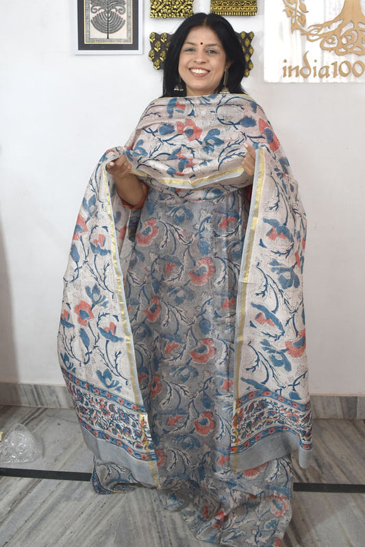 Elegant Hand Block Printed Chanderi Cotton unstitched suit fabric