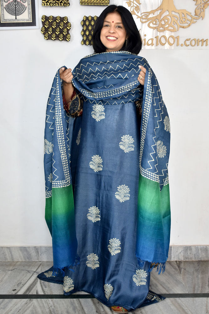 Beautiful Hand Block printed Tussar Silk Kurta Dupatta Set