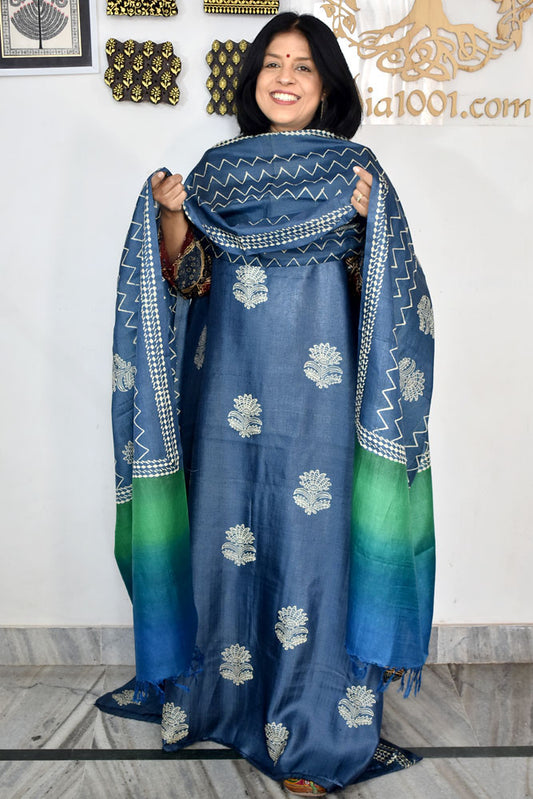 Beautiful Hand Block printed Tussar Silk Kurta Dupatta Set