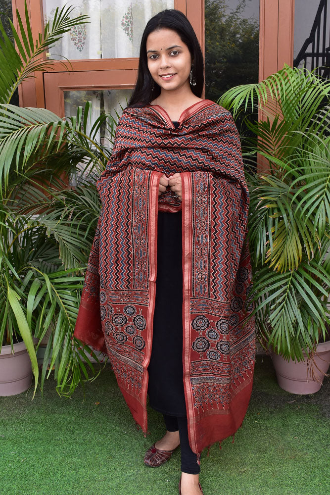 Elegant Ajrakh Hand Block Print Chanderi Dupatta