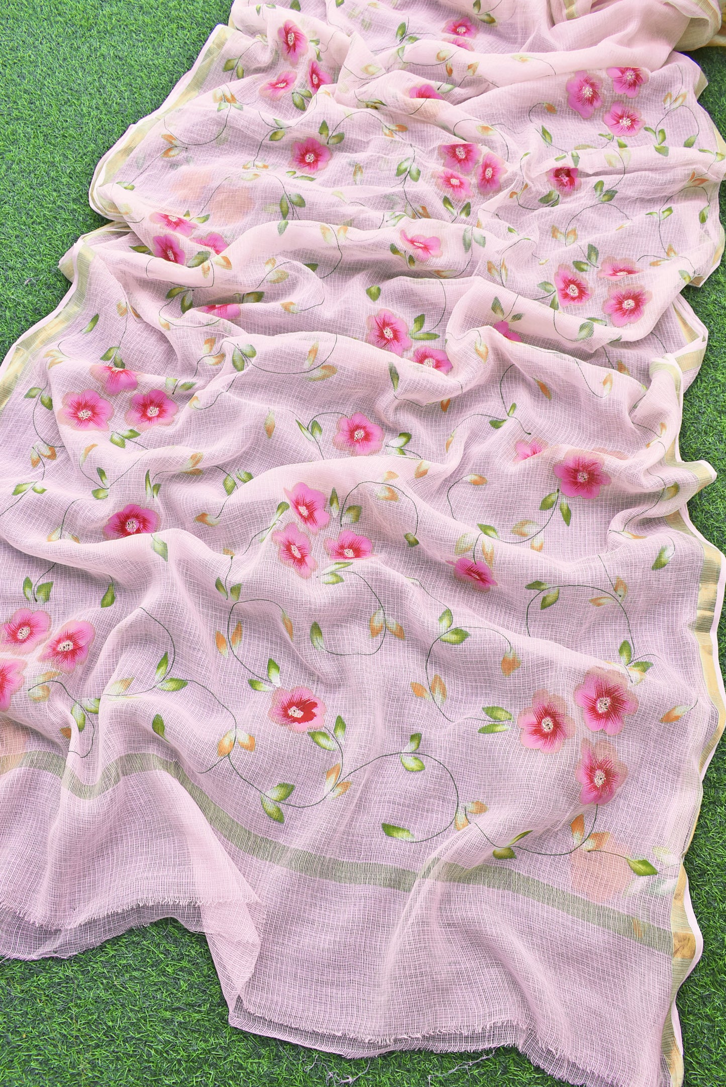 Prakriti : Beautiful Kota Doria Saree with Hand Painted Floral Motifs - Baby pink color