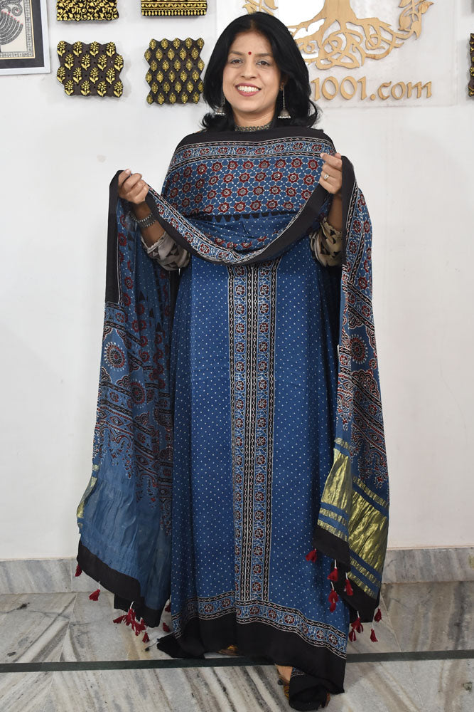 Beautiful Hand Block printed Ajrakh Modal silk suit with Lagdi patta dupatta