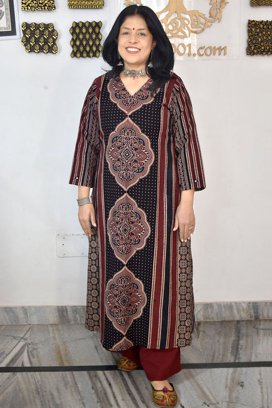 Designer Hand Block Printed Ajrakh cotton Kurta With Mirror Work - Size 38 to 46 ( all sizes)