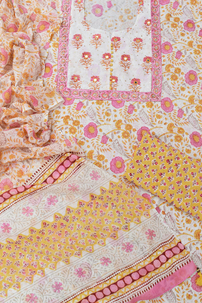 Beautiful Cotton Unstitched Suit Fabric with Embroidery, sequin & mirror work & Mul cotton dupatta