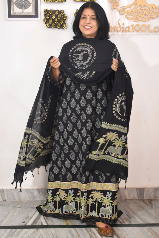 Elegant Hand Block print cotton suit & Chanderi dupatta