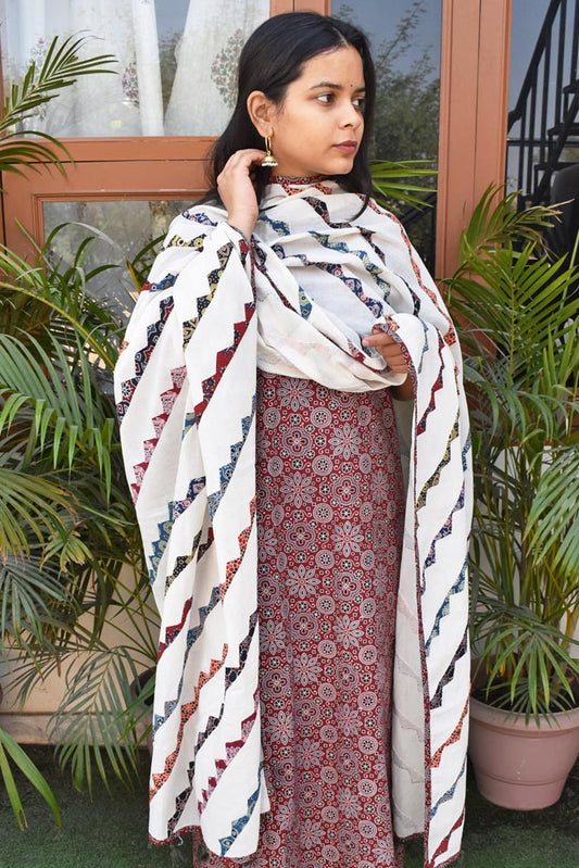 Beautiful Ajrakh Cotton Kurta fabric with Heavy Hand Applique Work dupatta