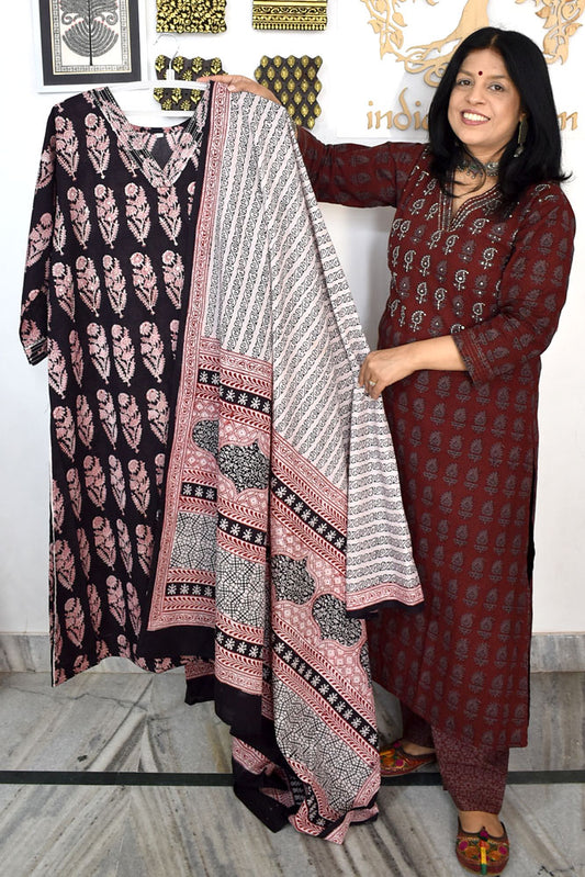 Bagh Hand Block Printed stitched 3 pc Cotton suit With Hand Embroidery - 46 size